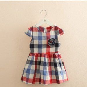 NWT Blue Red Grey Plaid Dress w Flower Pin Age 3